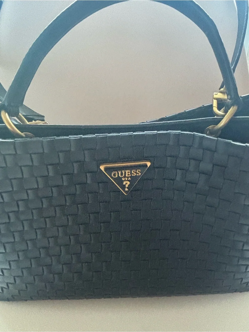 GUESS Black Woven Shoulder Tote with Gold Logo - Picture 2 of 5
